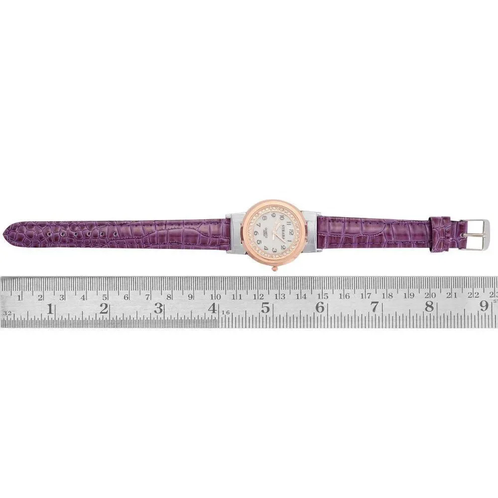 STRADA Austrian Crystal Watch Purple Faux Leather Band